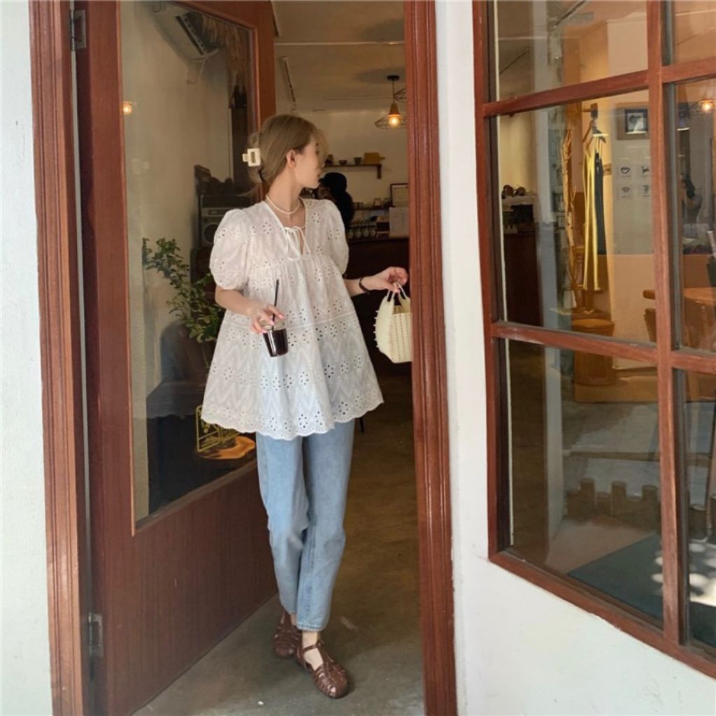 [OCEANA]Blouse putih renda wanita korean style