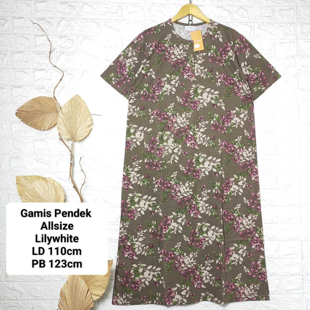 Gamis Lengan Pendek Bahan Kaos Motif Bunga Eksklusif Lily White