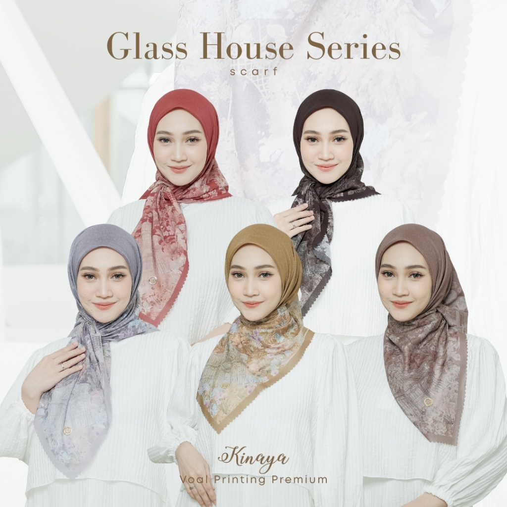Open PO (Pre-Order) Kinaya - Glass House Series - Jilbab Segi Empat Motif Printing Scarf Voal Premiu