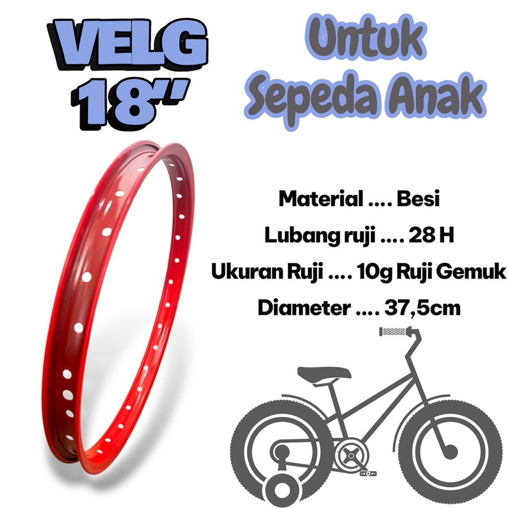 ( VELG BESI 18 INCH / 28H / 10g / MERAH ) Velg Sepeda Anak BMX Velg 18 inch Lubang 28 H Hole 10g