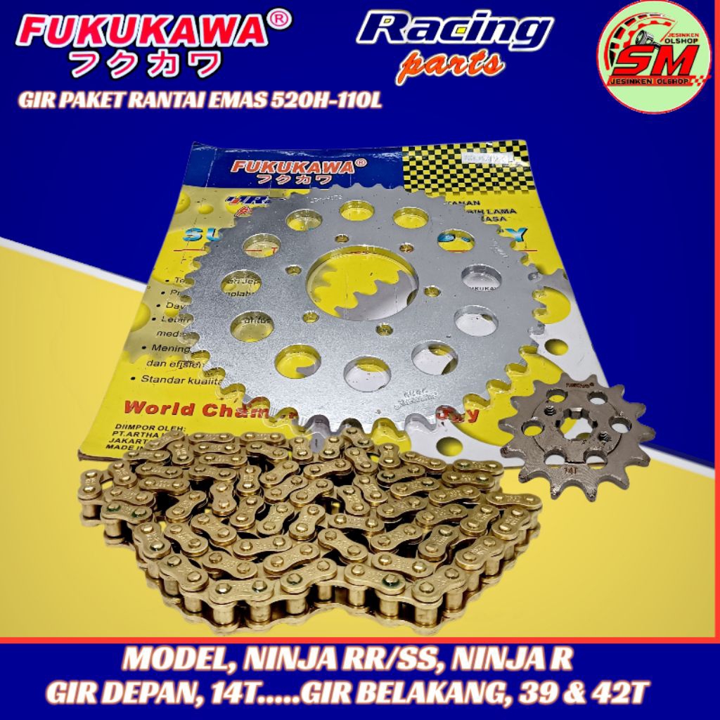 Gear Set Paket Racing( Rantai Emas) Motor Ninja Rr/Ss, R e 520H-39&42T , 14T