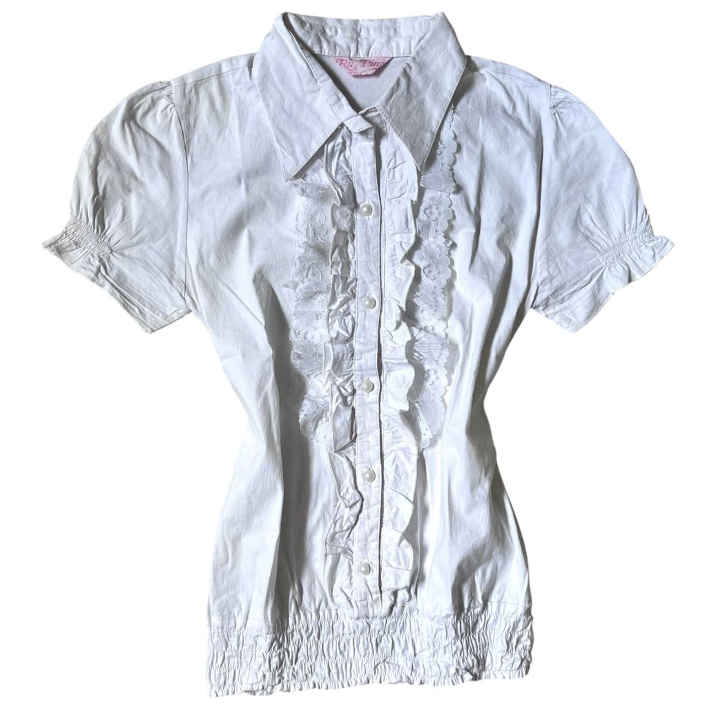 Eyelet Coquette Lolita Milkmaid Pearl Buttoned Up Ruffle Puffy Top | renda brukat rampel mutiara inn