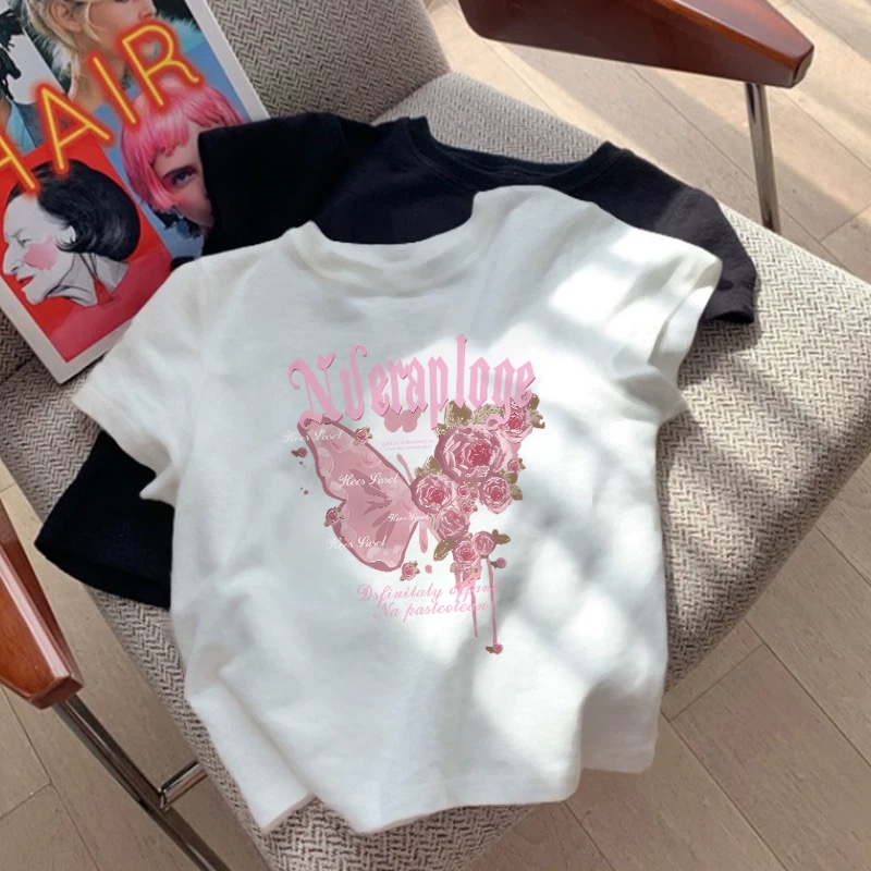 SEZO Baju Wanita Kaos Putih  l Pewarnaan mawar kupu-kupu merah muda Baju Kaos  | crop top wanita | A