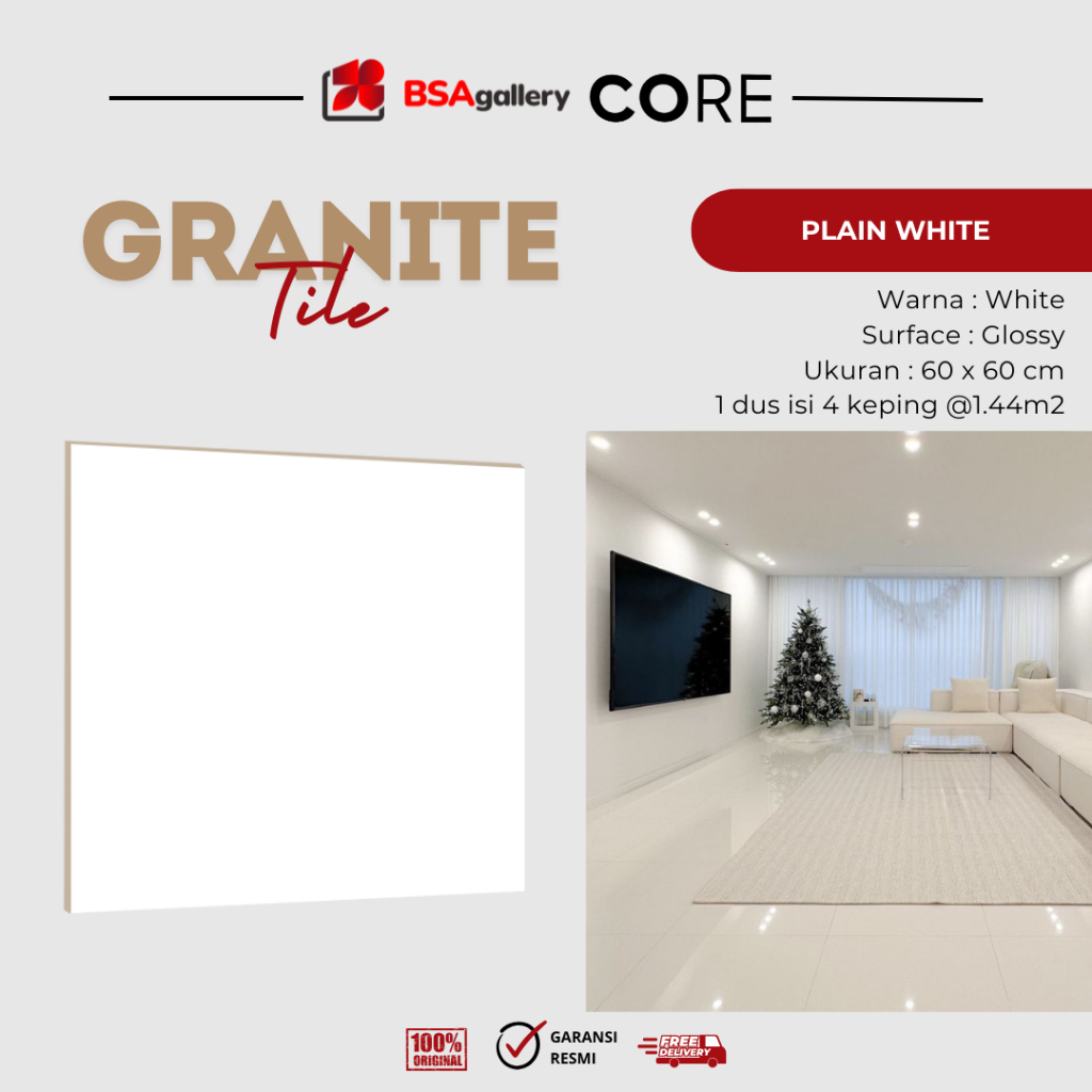 BSA Gallery GRANITE CORE 60X60 D'PLAIN WHITE GRANITE MEJA DAPUR LANTAI DINDING PUTIH GLOSSY