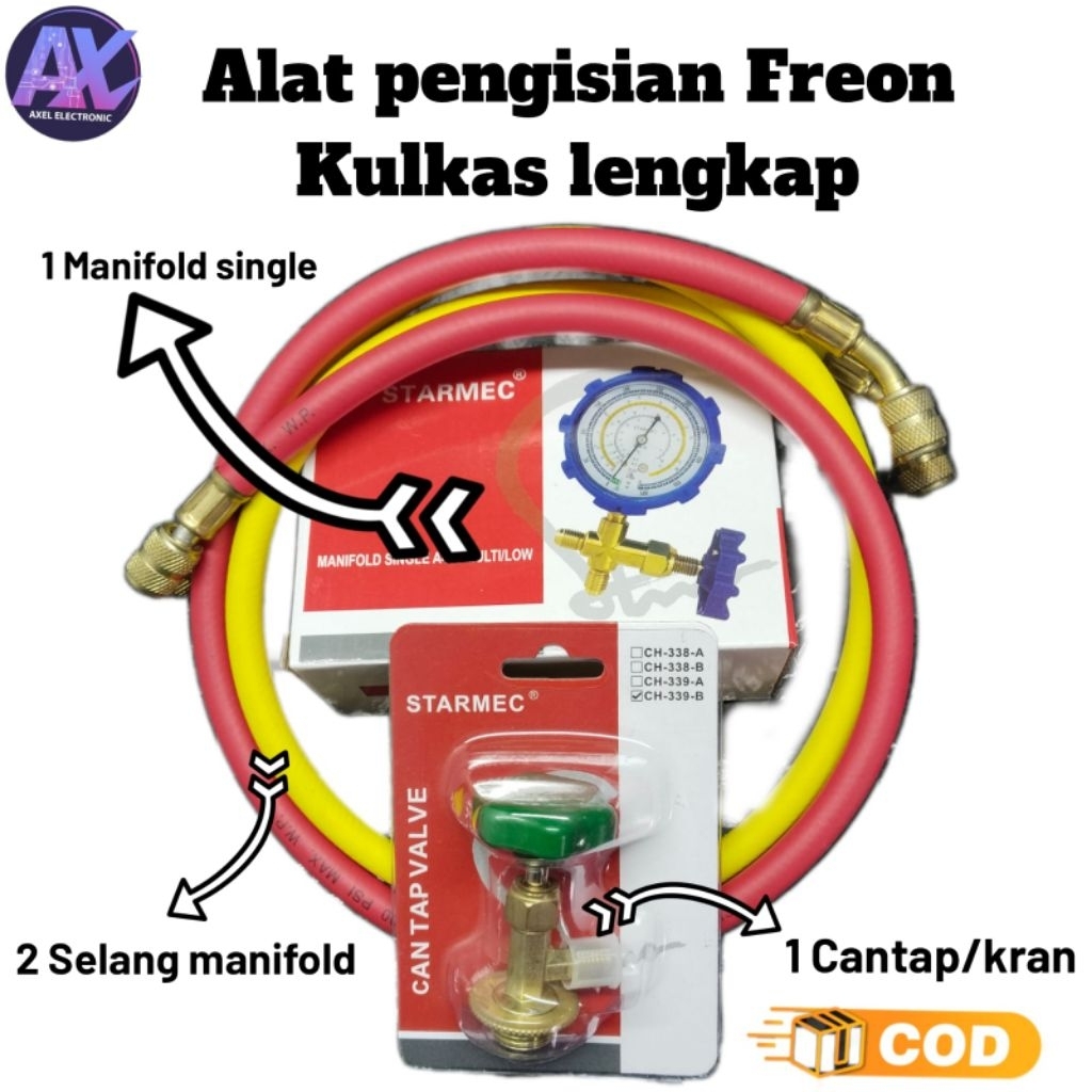 Alat pengisian freon kulkas paket lengkap Manifold single/selang manifold/can tap-kran freon