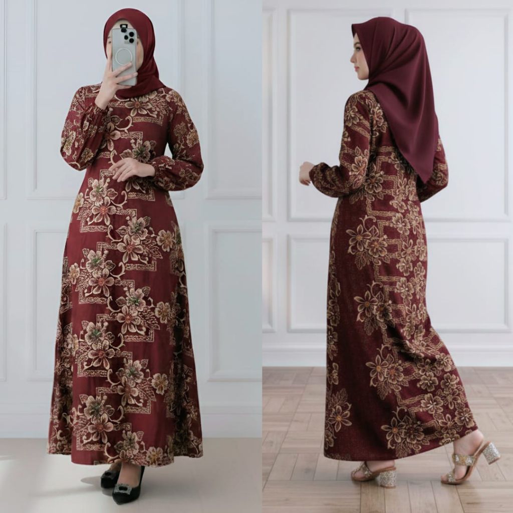 Gamis Motif Bunga Cantik | Bahan rayon premium Adem, Tidak Nerawang dengan resleting di belakang | h
