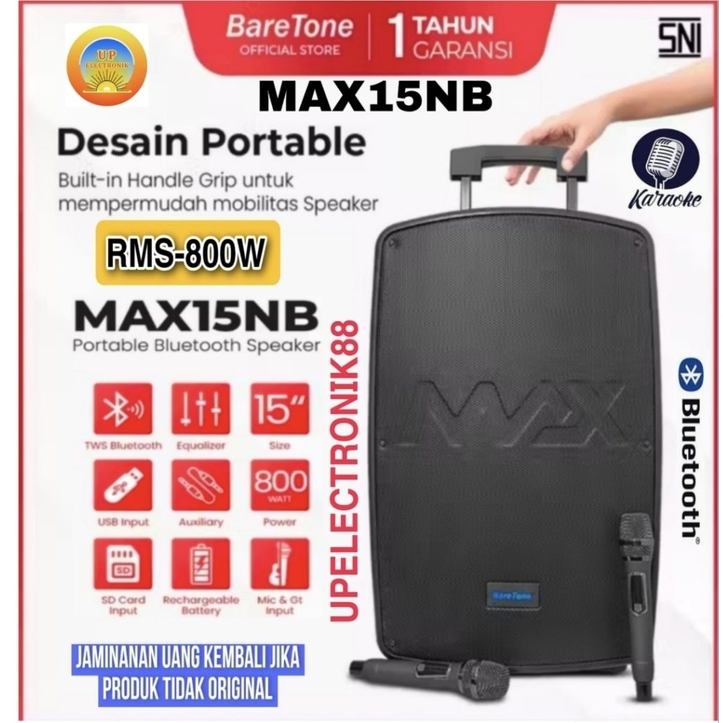 Speaker Aktif Portable 15 Inch Baretone MAX15NB 800W Bluetooth Tws Key Control