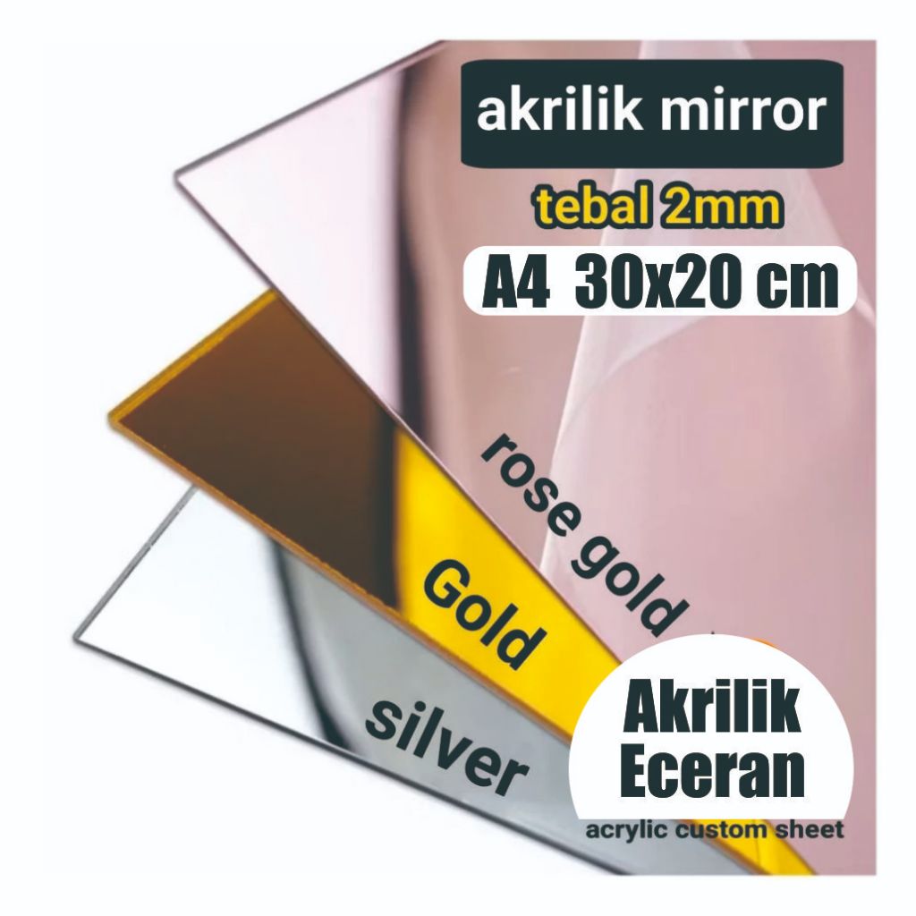 Lembaran Mirror Akrilik A4 2mm | Acrylic Sheet Mirror | Akrilik Mirror Warna Gold Rose Gold Silver