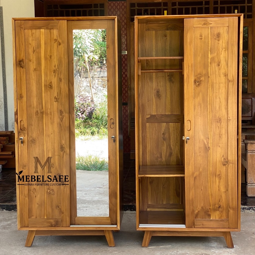 lemari pakaian sliding cermin minimalis jati