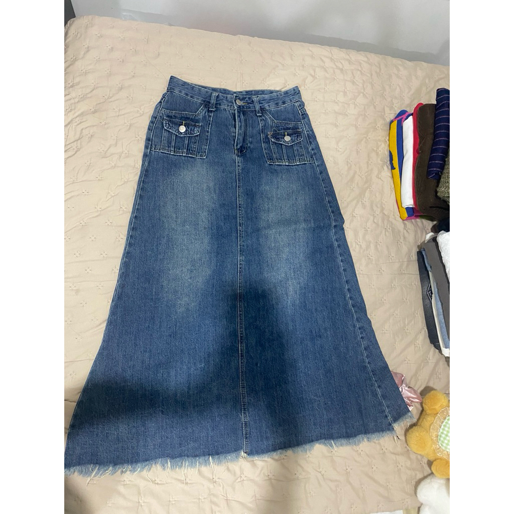 blouse, rok jeans, vest