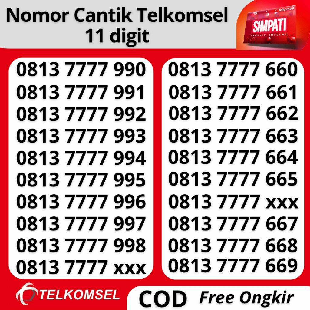 Nomor Cantik Telkomsel 11 digit Seri 7777 - Simpati 11 digit