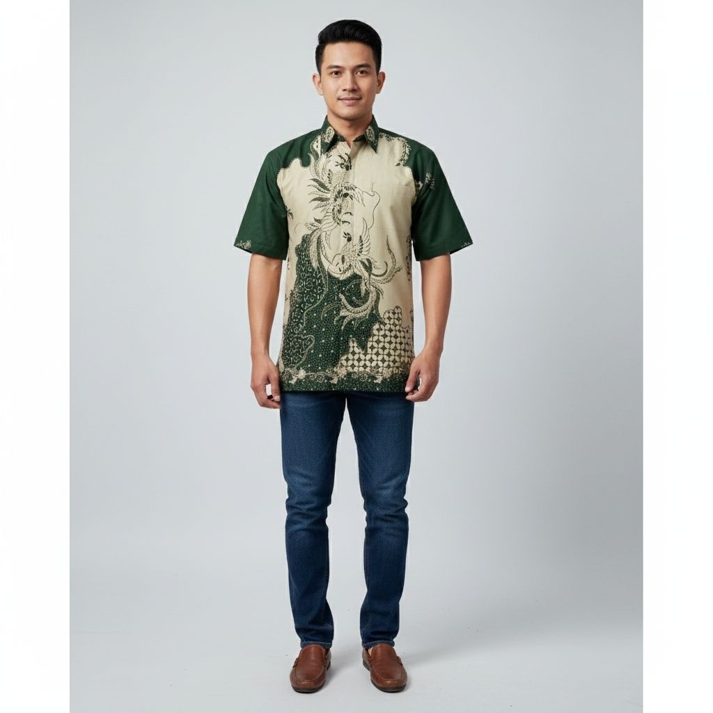 Hem batik pria hijau botol