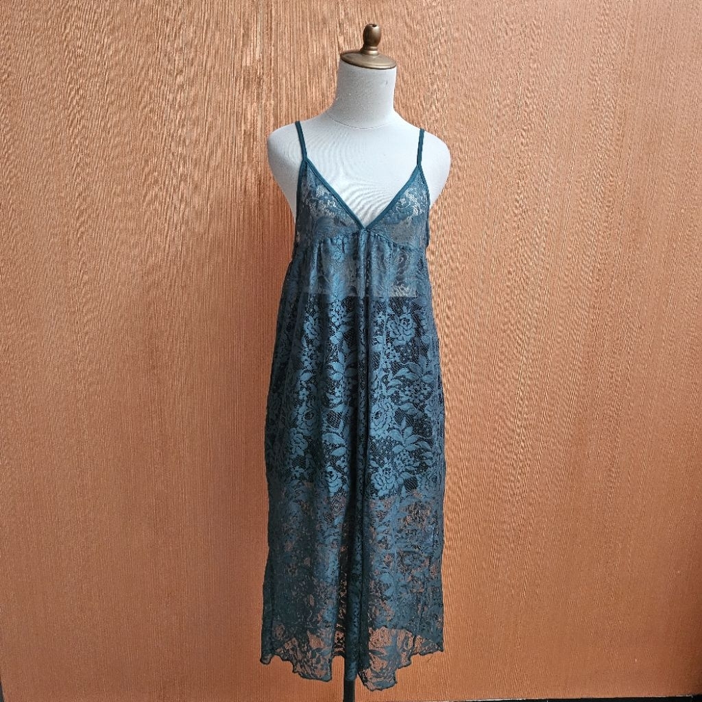 midi dress wanita hijau brokat UNIQLO cewek M tank MEWAH vneck overall bisa jadi lingerie sexy