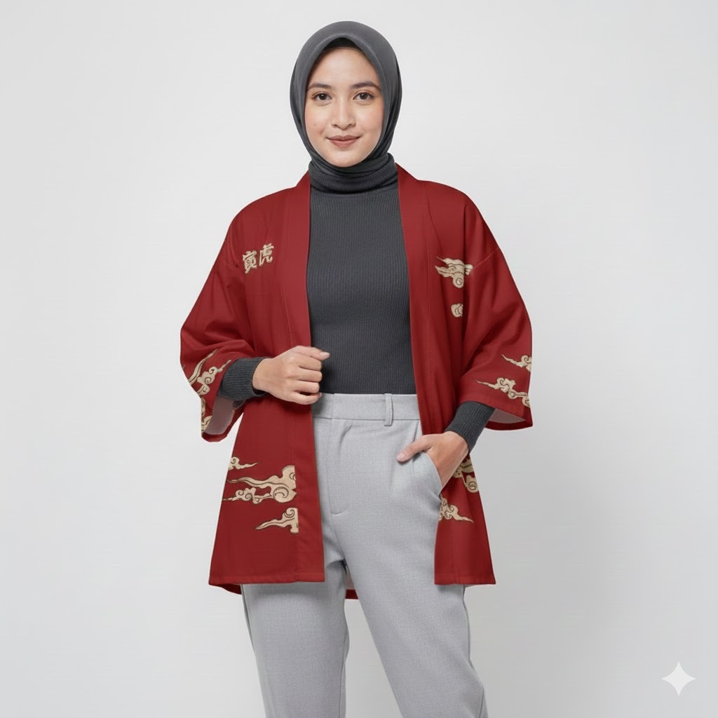 Kimono Haori Polyester Red Chinese Zodiac Tiger Premium