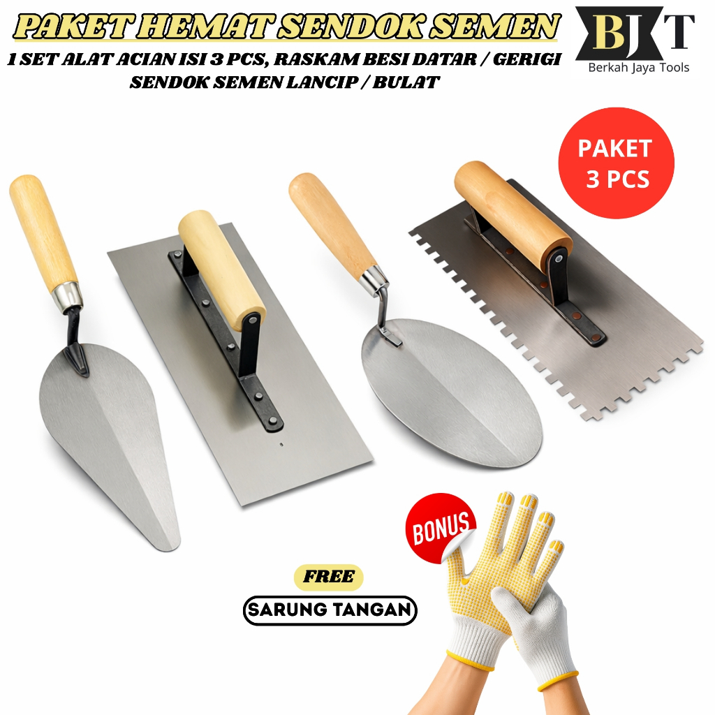 Paket 3PCS Sendok Semen Roskam Acian Semen - Roskam Galur Asli Baja 27 cm Sendok Galur Asli Baja