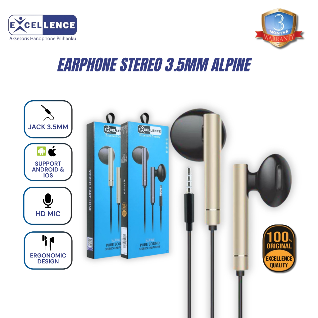 EXCELLENCE Earphone Alpine Handsfree Headset Jack 3.5 mm Original High Quality (Suara Jernih, Kabel 