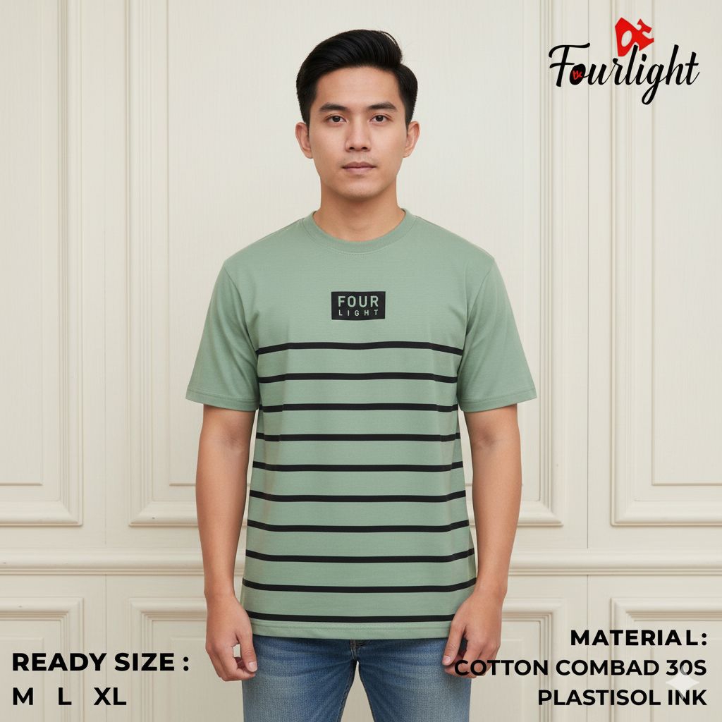 Kaos Distro Fourligh Salur Pria Atasan Lengan panjang Baju Belang Terbaru tebal lembut nyaman 30s