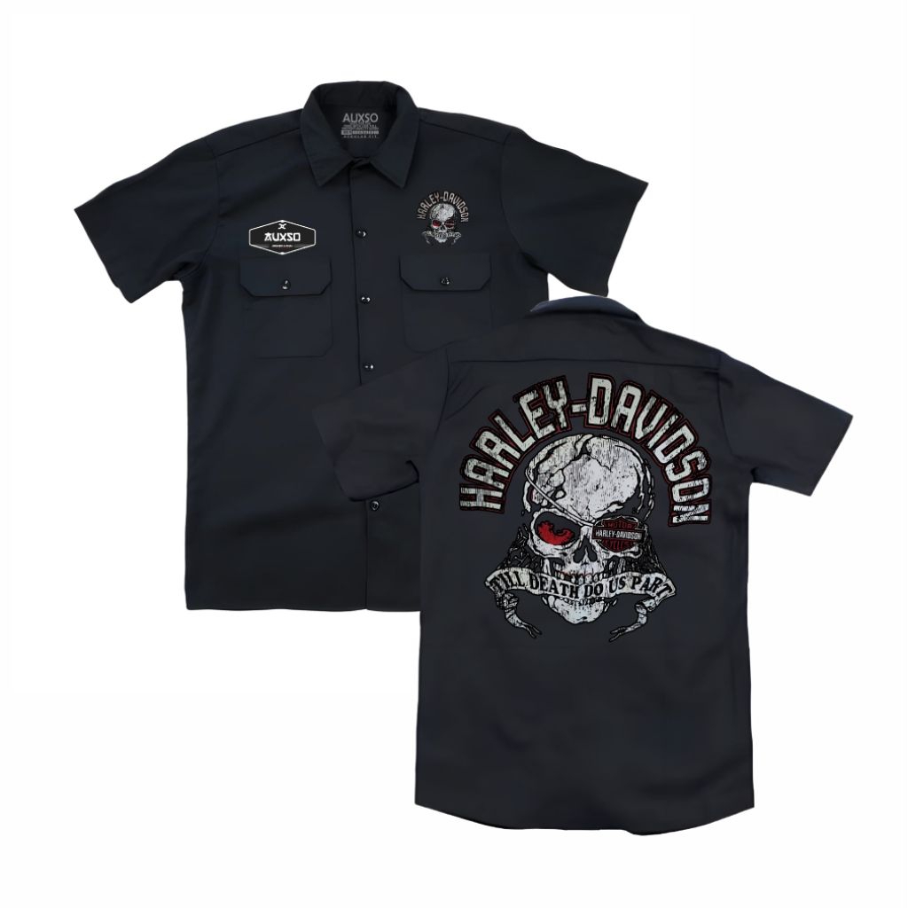 District Clothing kemeja Workshirt Harley Davidson Till Death Do Us Part unisex hitam casual