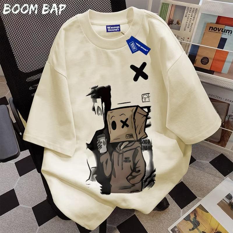 Kaos American Retro Style T-shirt Motif Kartun Coklat Print Top Kaos Wanita Hitam Kaos Pria dan Wani
