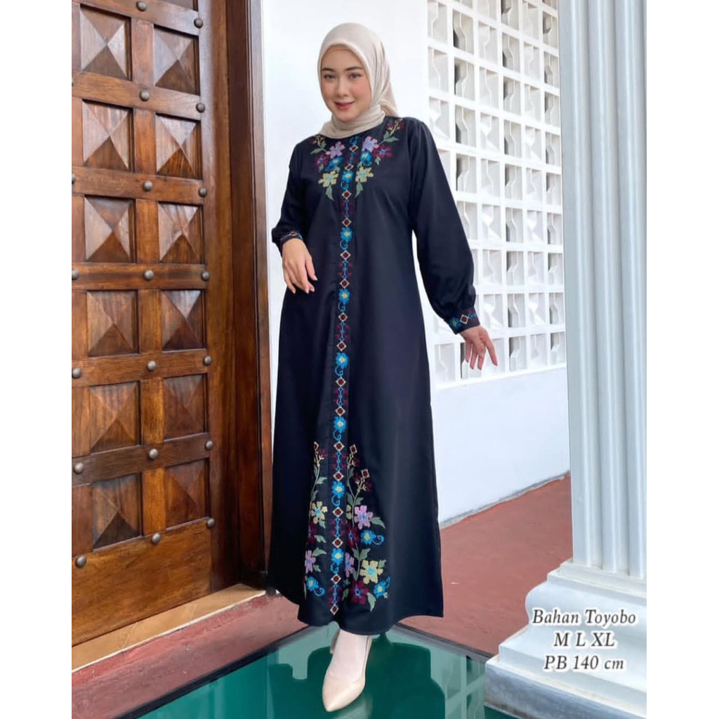 (TERBARU) GAMIS KATUN TOYOBO BORDIR BUNGA PREMIUM//GAMIS TERLALRIS//WANITA BAJU PANJANG DRESS DEWASA