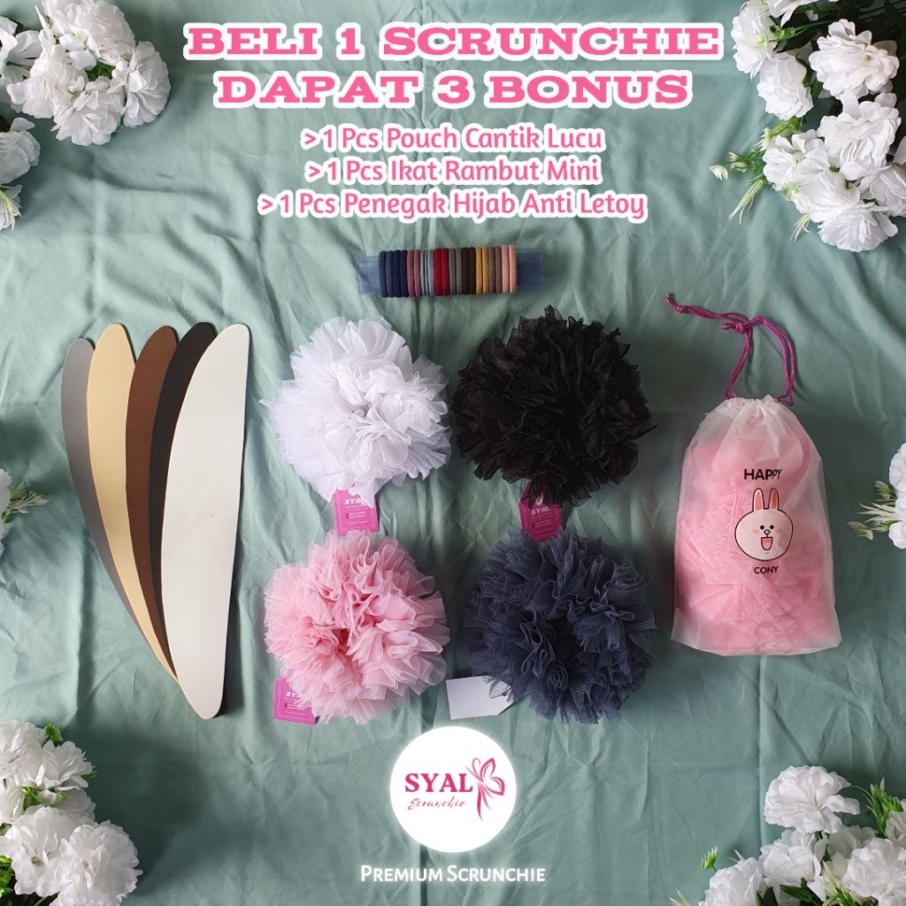 Ikat Rambut Scrunchie 4 in 1 Cepol Hijab Tile Jumbo, Bonus 1 Pcs Pouch, Penegak Hijab, Ikat Rambut m