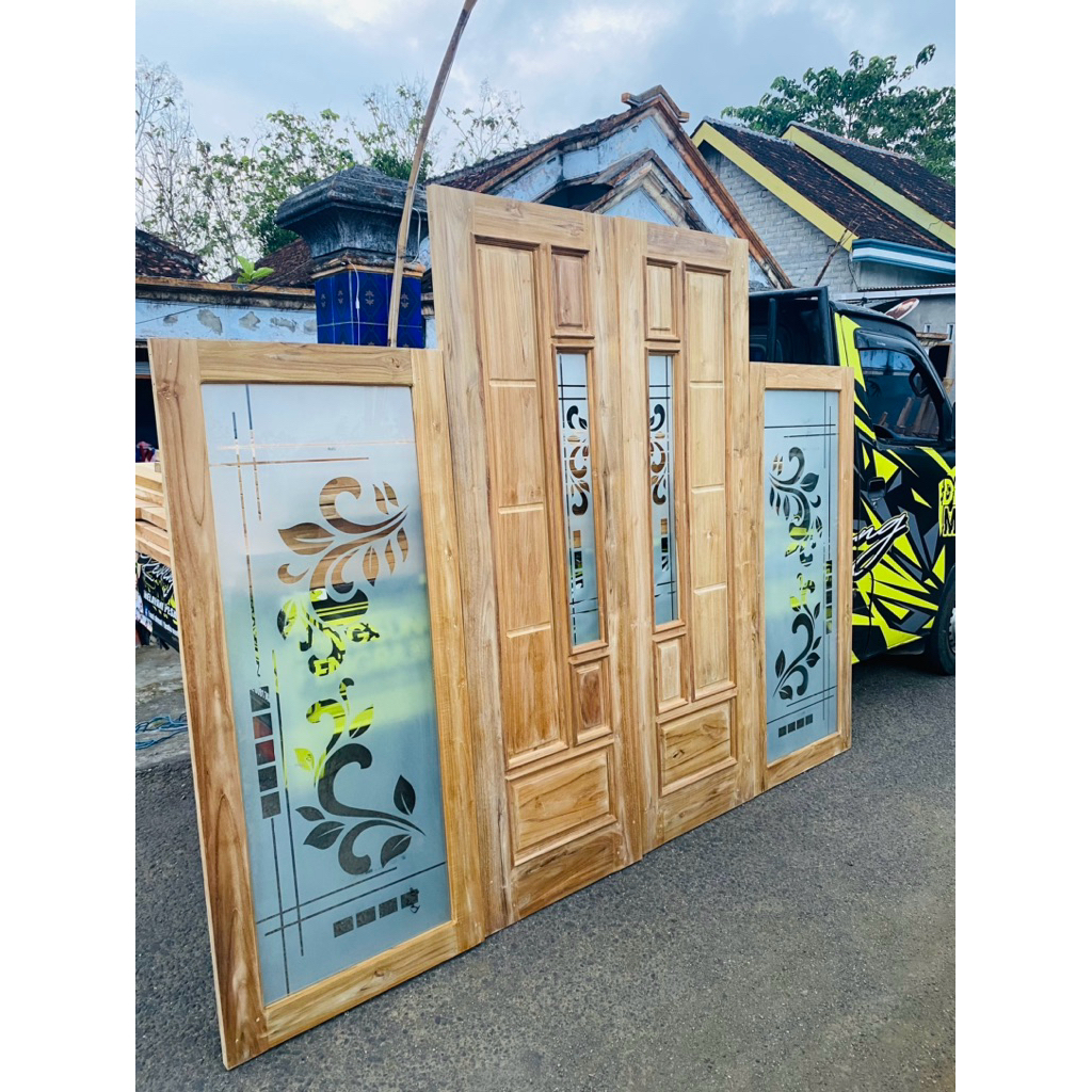 paket pintu pintu+jendela kayu jati kaca motif