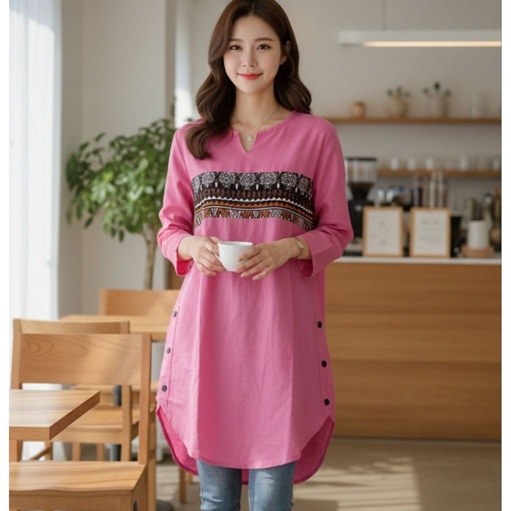 Atasan Kemeja Tunik Etnik Batik Korea pink
