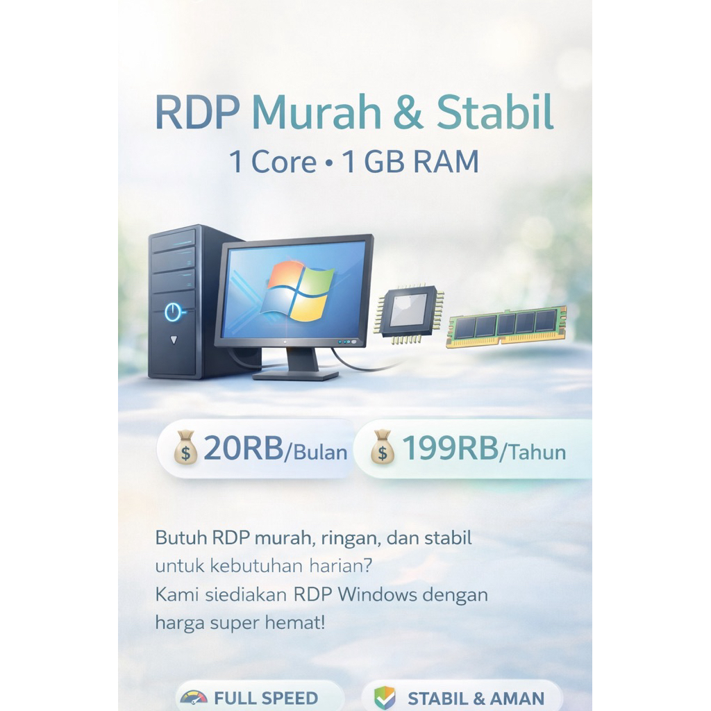 RDP Windows Murah 1 Core 1GB RAM – Mulai 20RB/Bulan