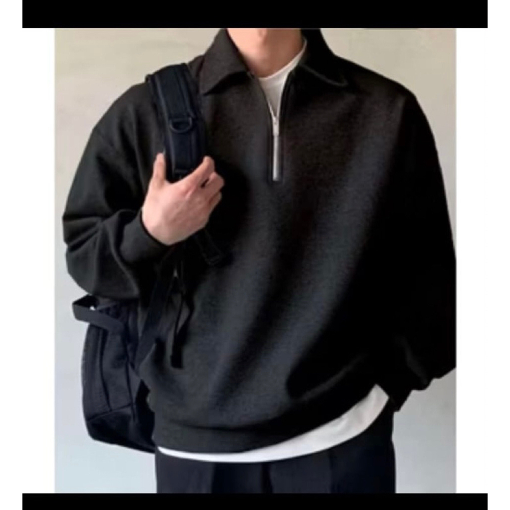 SWEATER RUGBY HITAM POLOS PRIA