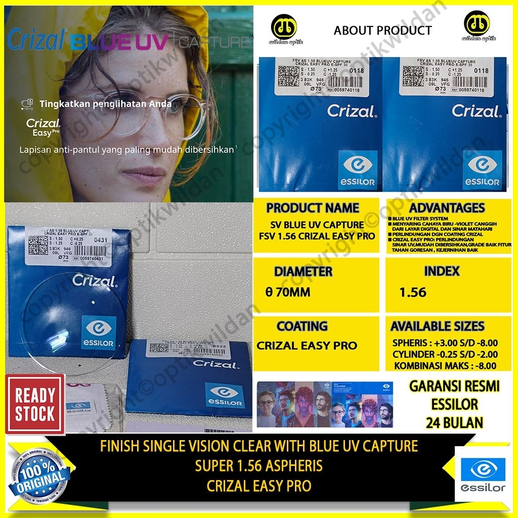 ESSILOR CRIZAL EASY PRO FSV 1.56 SUPER ASPHERIS CLEAR WITH BLUE UV CAPTURE COATING CRIZAL EASY PRO