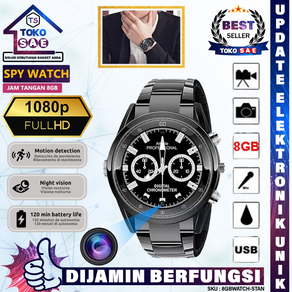 TokosaeStore Smart Camera Jam Tangan HD 1090P 8GB Spy Kamera Watch Smartwatch Camcorder Action Cam