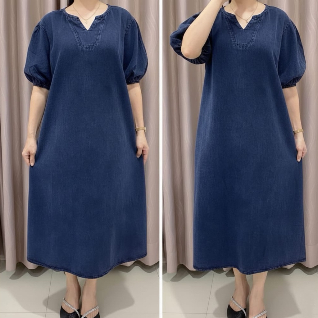 1467 DRESS JEANS POLOS LENGAN KARET LD120 WANITA|DRESS SIMPLE|MIDI DRESS