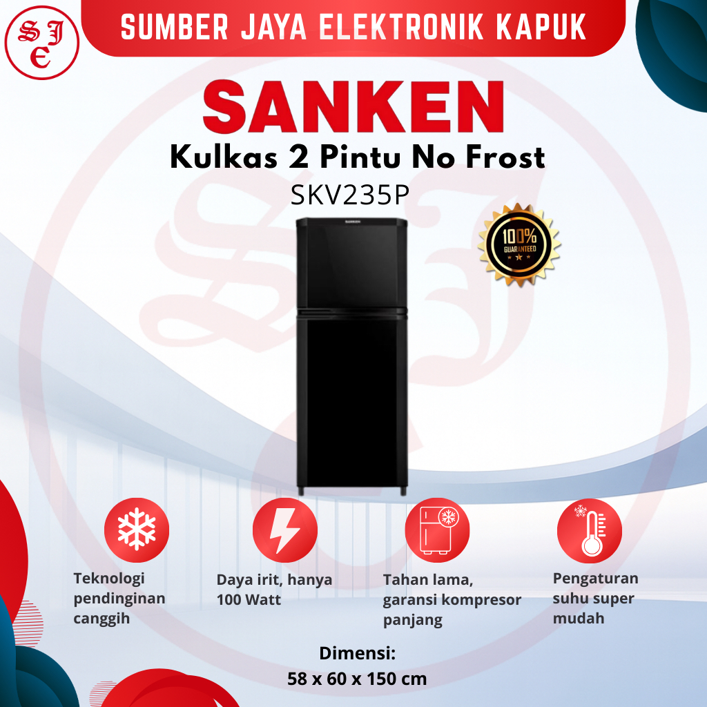 Sanken Kulkas 2 Pintu 230 L SKV235P / SK‑V235A‑BB Fan Cooling No Frost Big Freezer