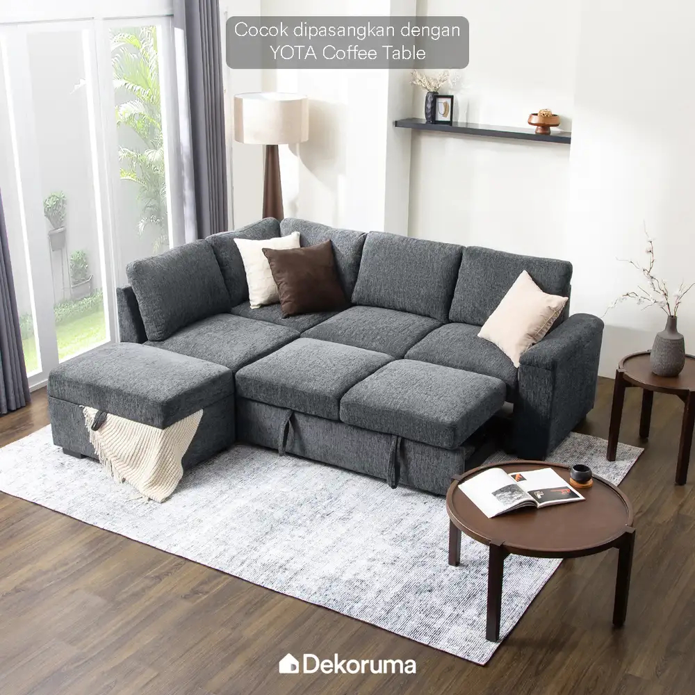 Dekoruma TOMIO Sofa Bed Sleeper L Kain dengan Penyimpanan - Abu-abu Tua