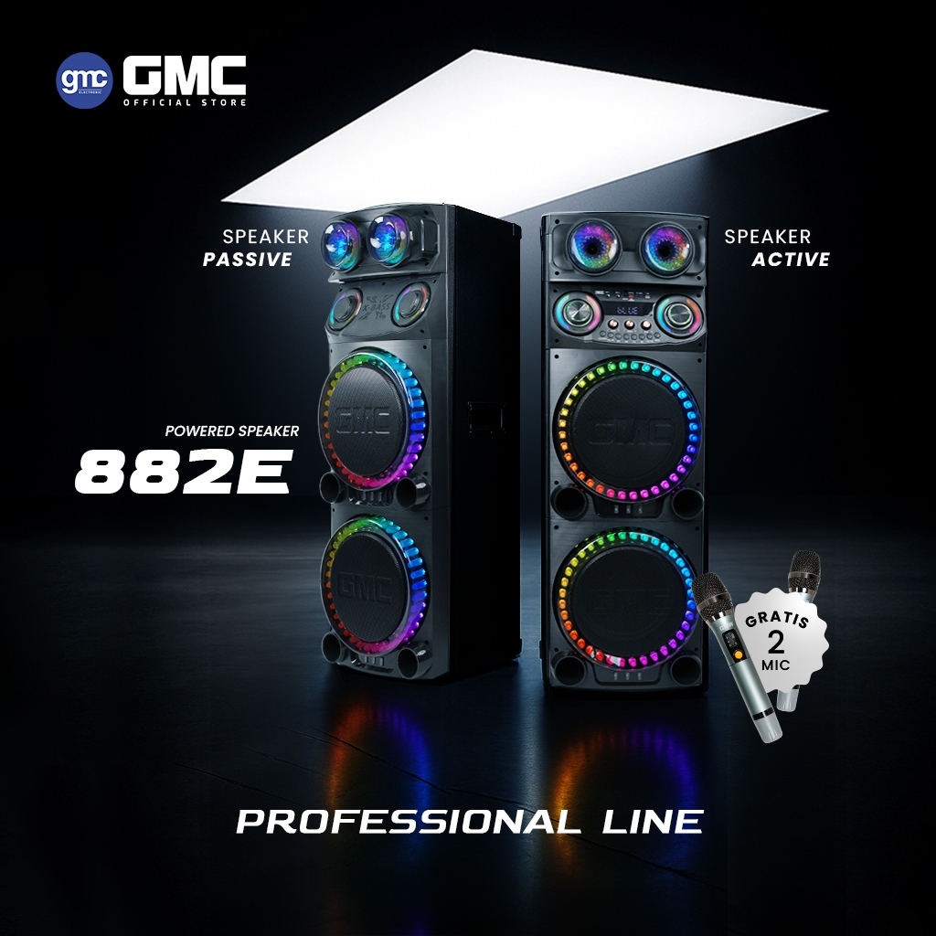 GMC Speaker 882E – Professional Line Bluetooth Karaoke Speaker 4x12” – 420W, 2 UHF Wireless Mic, LED