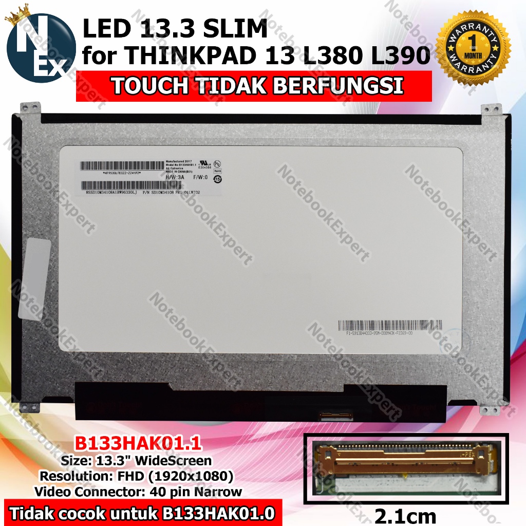 LED 13.3 SLIM B133HAK01.1 for THINKPAD 13 L380 L390 - Touch No Fungsi