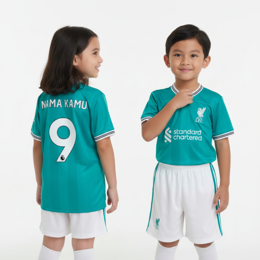 KIDS Jersey Lvrpl 3rd 2025 2026 Baju Bola Warna Hijau Laut Anak Patch Premier League UCL Custom Name