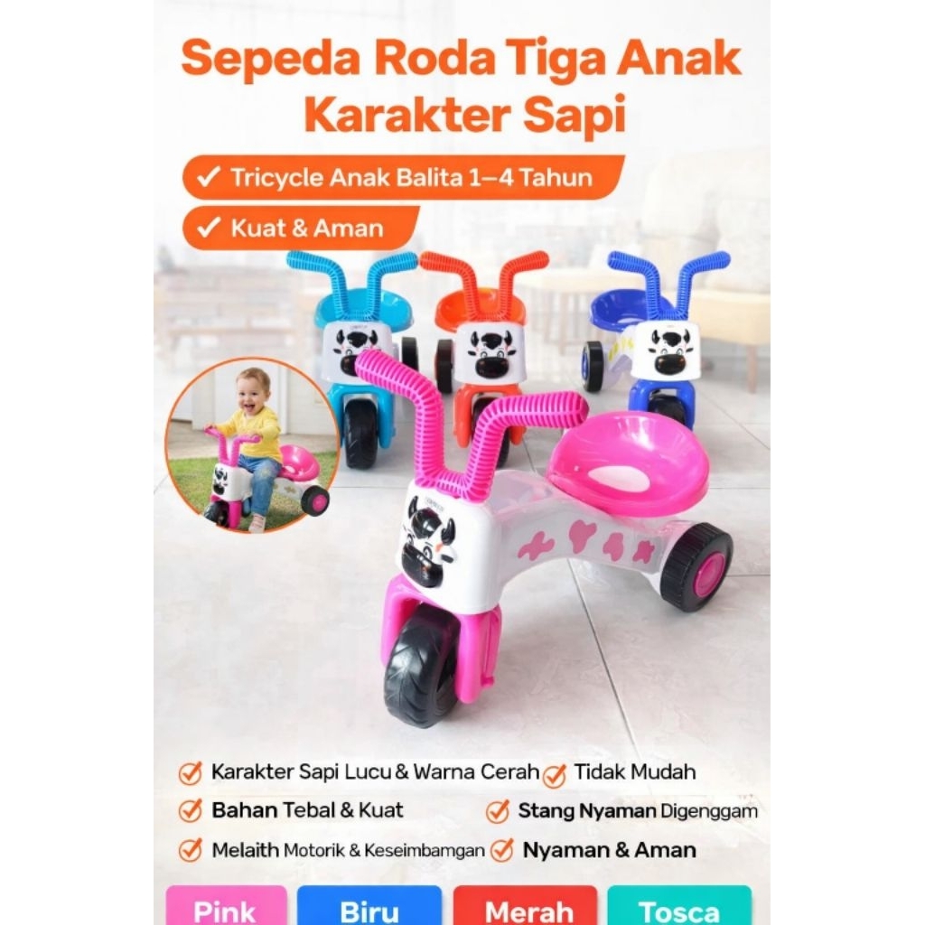 Sepeda Anak Roda Tiga FD 305 Musik dan Tanpa Musik - Model Sepeda Sapi, Warna Cewek, Aman untuk Bali
