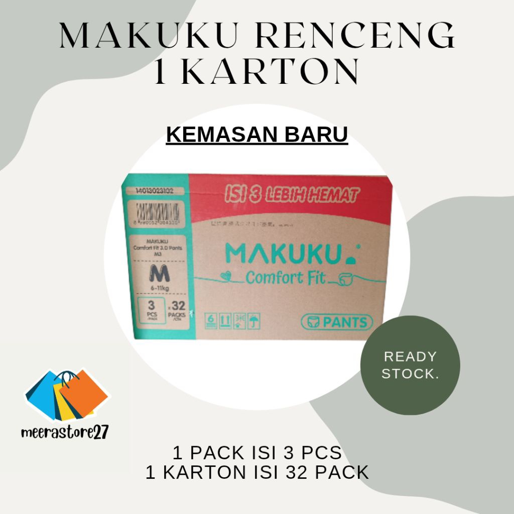 (1 Karton), Makuku Comfort Fit, 1 pack isi 3 pcs. Popok Bayi Celana. Makuku Renceng.