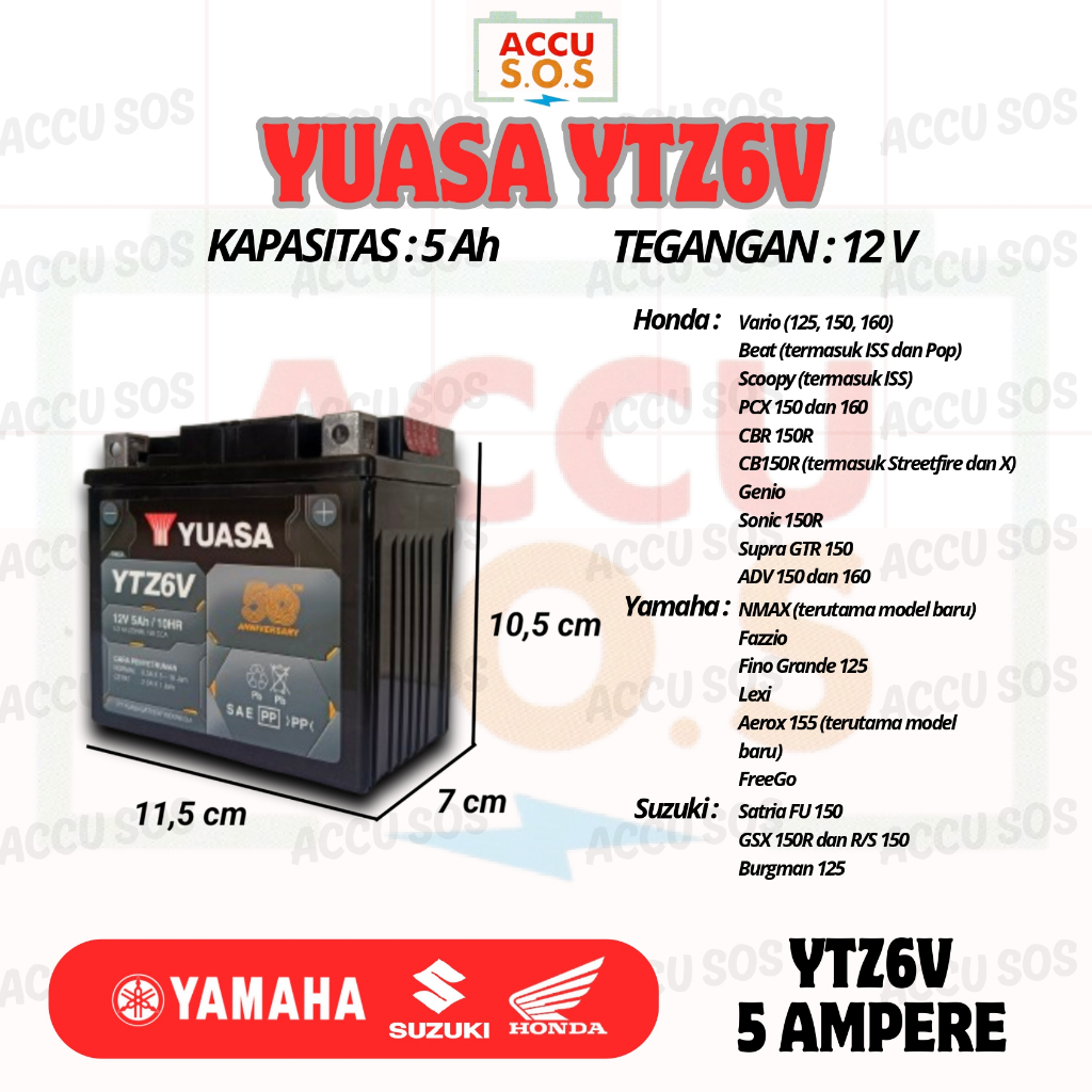 Aki Motor YUASA YTZ6V Aki Kering untuk Vario 125/150/160 PCX NMAX LEXY Satria Fu 150 Scoopy CBS ISS