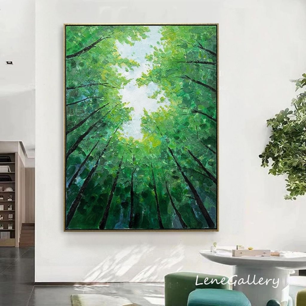 Lukisan Dinding Pemandangan Pohon Hijau - Lukisan Tekstur Timbul 3D - Hiasan Dinding Ruang Tamu Aest