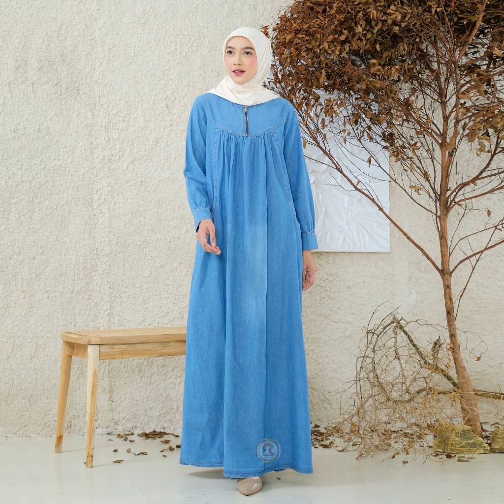 Raisma - Gamis Jeans Bahan Denim Biru Muda Jumbo Rabeah