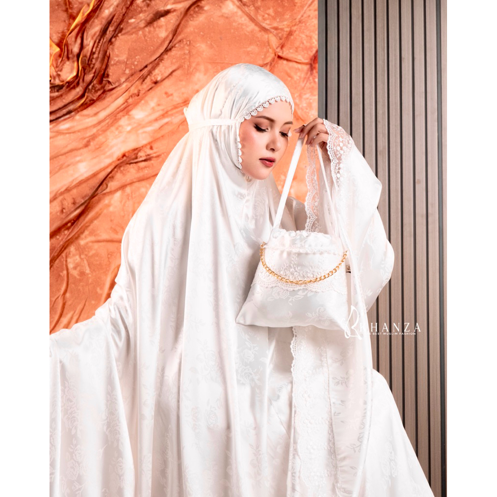 Mukena Dewasa Jumbo Jacquard Silk 2in1 Renda Mewah Bahan Nyaman Adem Lembut Anti Kusut Tas cantik