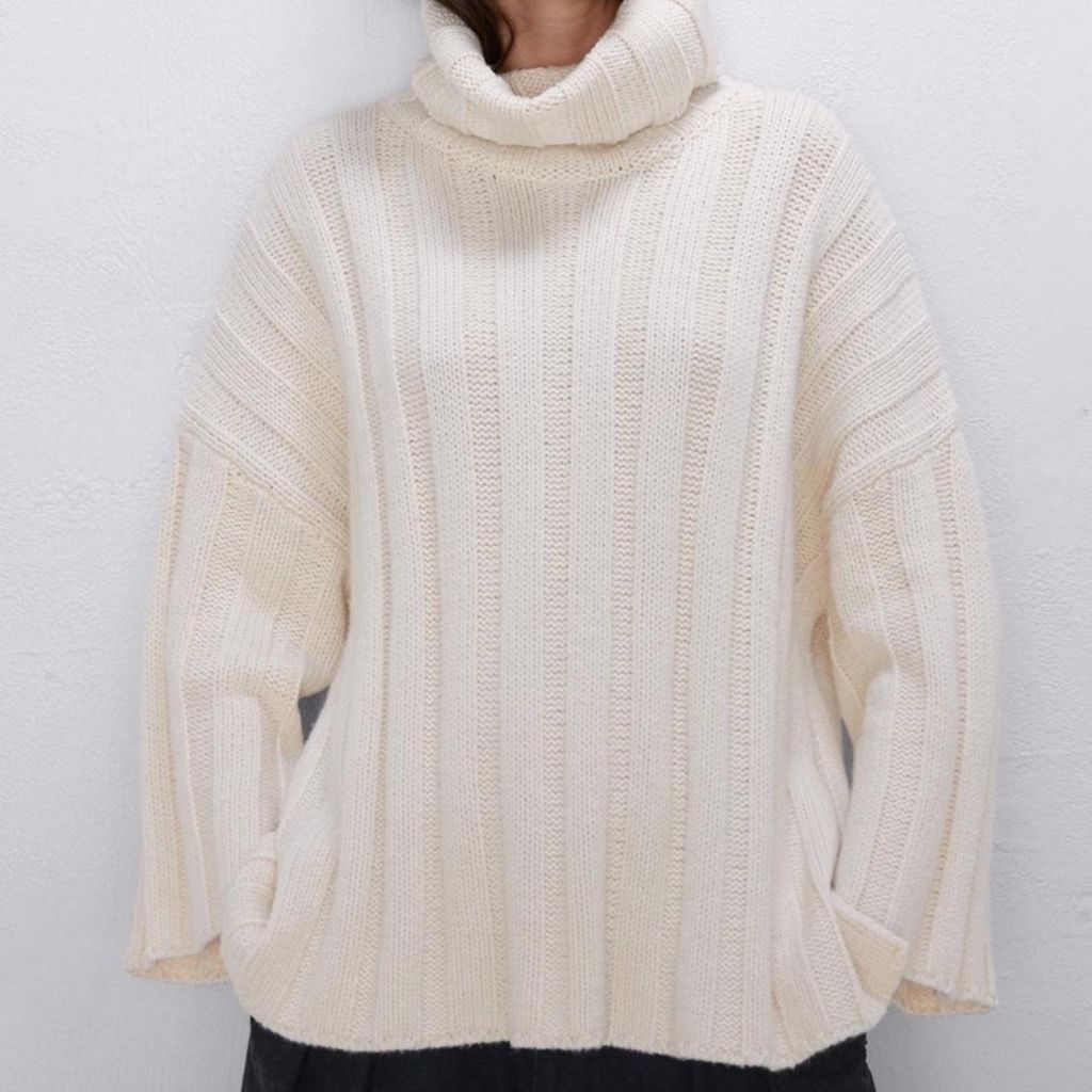Preloved Zara Ribbed Turtleneck Oversized Chunky Sweater - Offwhite