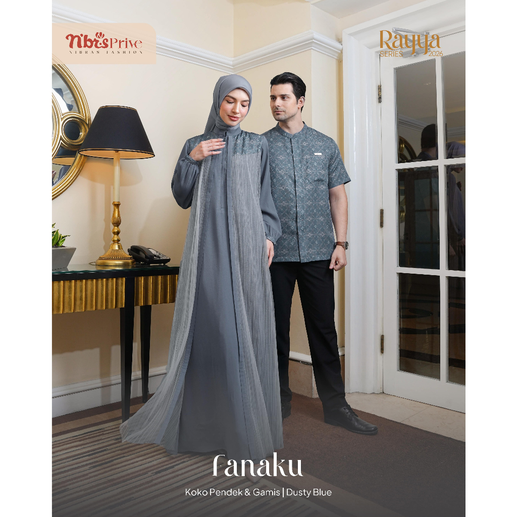 BAJU BUSANA MUSLIM COUPLE PASANGAN NIBRAS TERBARU 2026 FANAKU DUSTY BLUE BY NBRS PRIVE PREMIUM - GAM