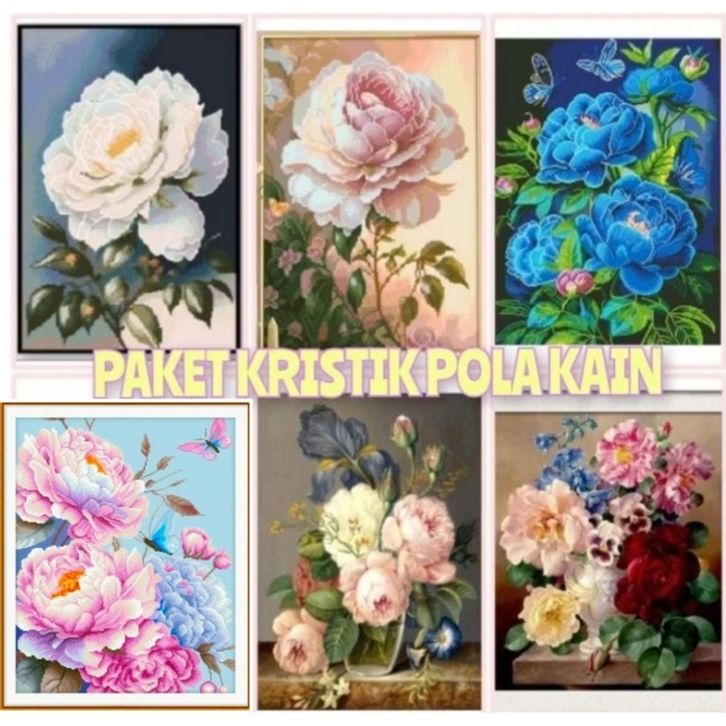 DIY PAKET KRISTIk BUNGA MAWAR Rose PEONI POLA KAIN CROSS STITCH KIT