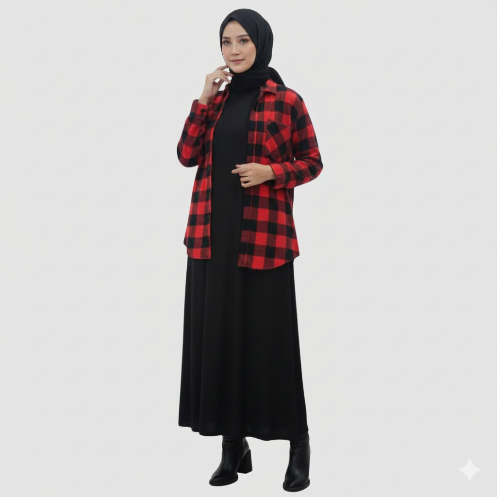 Setelan Wanita Kemeja Outer Flanel Casual & Inner Manset Dress Premium Lezahrasignature One Set Dail