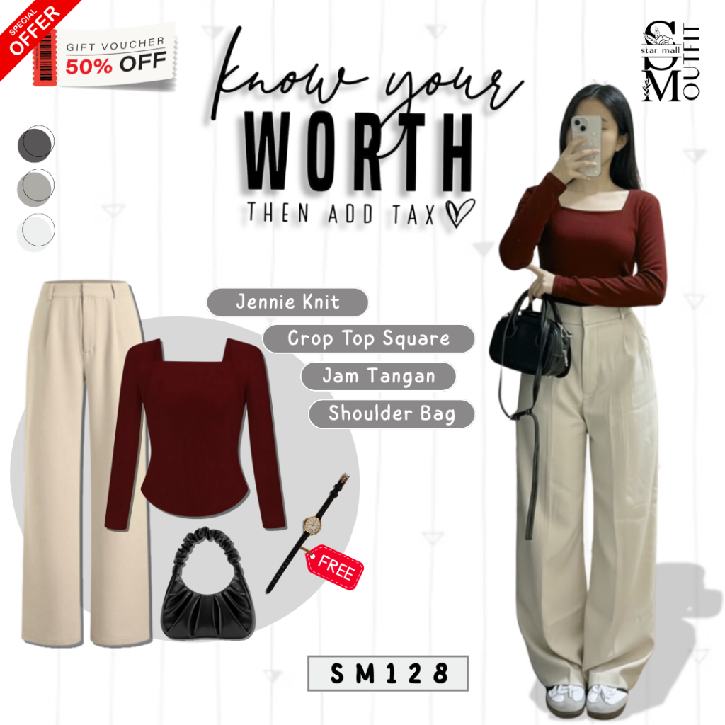 Outfit Casual One set 3in1 Wanita Kekinian (Crop Top, Jennie Knit, Tas Bahu, Free Jam Tangan) SM128
