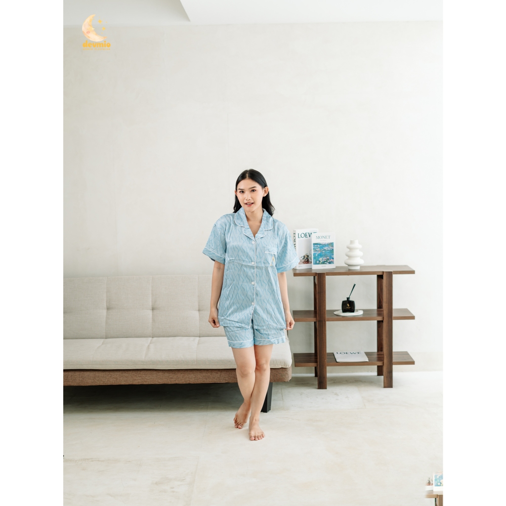 Devmio Baju Tidur Wanita Dewasa 9240 Bahan Satin Premium Adem Warna Biru Baju Pendek & Celana Pendek