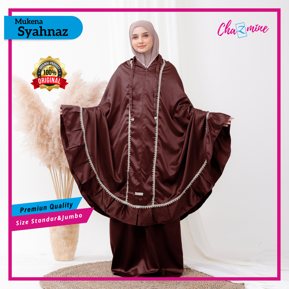 CHAZMINE - Syahnaz Mukena Dewasa Jumbo Standar 2 Fungsi Resleting Dagu Mukenah Ponco Polos Renda
